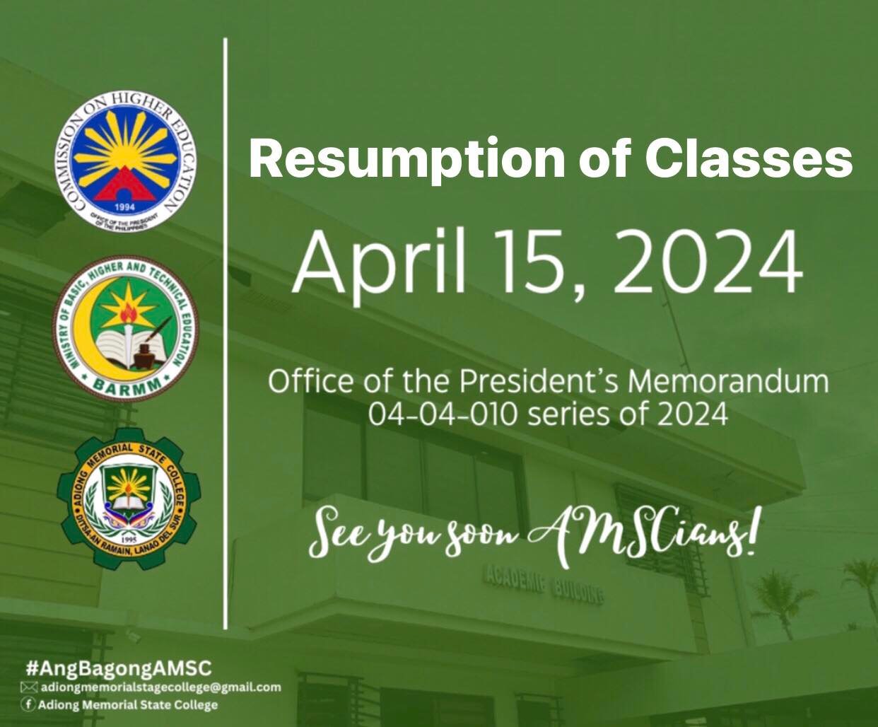 OFFICIAL RESUMPTION OF CLASSES